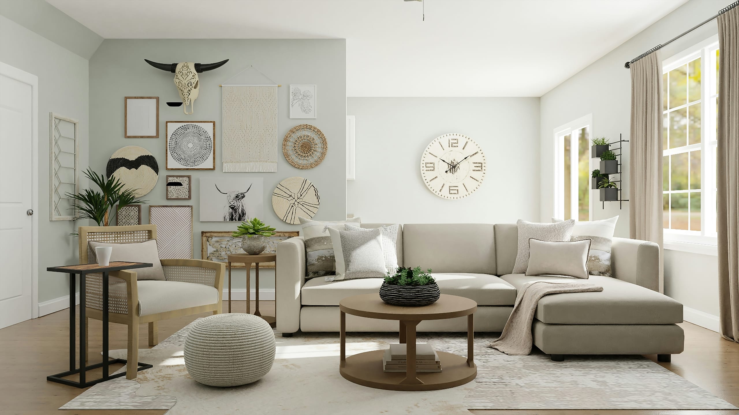 Detail of a stone shelf and a linen-upholstered chair in soft daylight