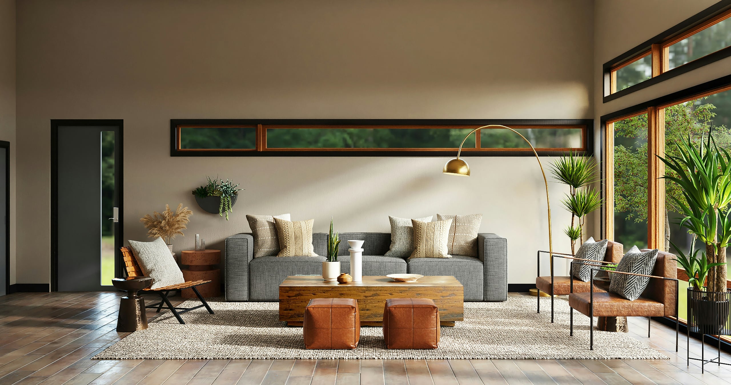 A quiet living room in warm neutral tones, low sunlight crossing a plastered wall